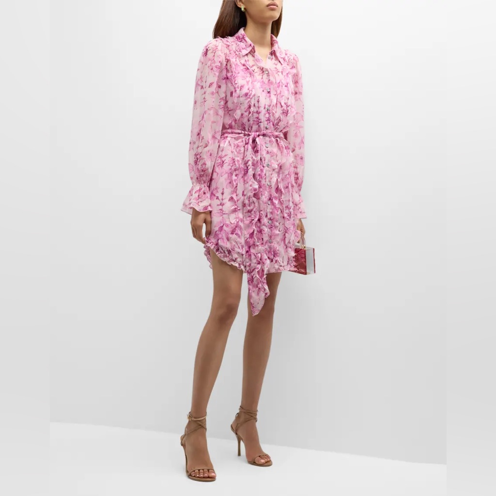 New With Tags Cinq Sept Estelle Floral Print Ruffle Shirtdress In Vibrant Plum
